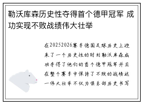 勒沃库森历史性夺得首个德甲冠军 成功实现不败战绩伟大壮举 勒沃库森历史性夺得首个德甲冠军 成功实现不败战绩伟大壮举